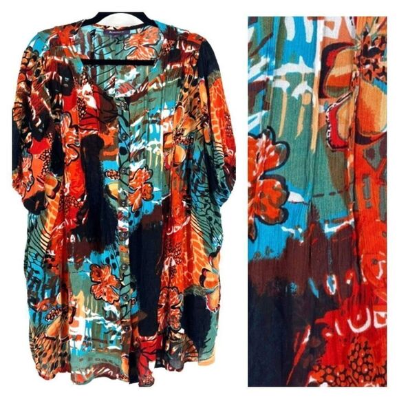 Roaman's Women's Floral Short Sleeve Button-Up Tunic Blouse Multi-Color Size 16W - Picture 1 of 10